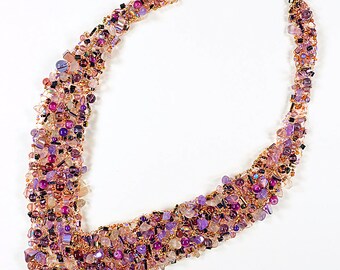 27 inch purple necklace hand-knit with artist wire, amethyst chips and glass beads
