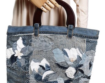 Hand-made up-cycled jeans bag, hand-made denim bag, bag hand-made in the US, gift for her