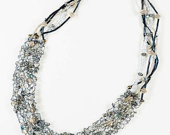 19 inch black necklace hand-knit with artist wire, glass beads