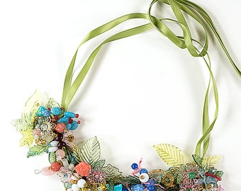 Adjustable length 3D green necklace, artist wire and ribbon, coral, glass beads, acrylic leaves and flowers