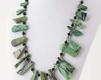 18" inch necklace, malachite stones , black seed beads