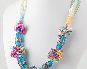 Adjustable length multicolor necklace, hand-dyed silk ribbon, original Murano glass beads