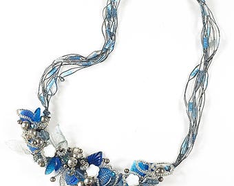 20 inch 3D blue necklace, artist wire and trellis ribbon, swarovski crystal, silver beads, acrylic leaves