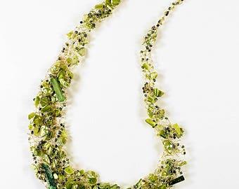 22 inch green necklace hand-knit with artist wire, fresh water dyed pearls, cat's eye, malachite chips and glass beads
