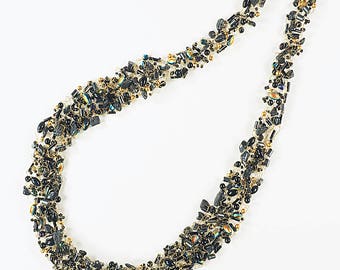 24 inch black necklace hand-knit with artist wire, hemalyke, acrylic and glass beads
