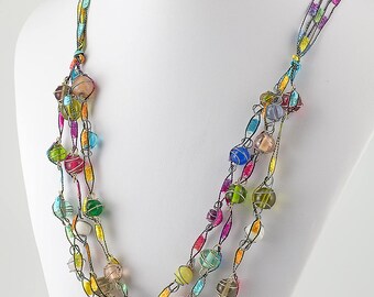 22 inch multicolor necklace, trellis ribbon, original Murano glass beads