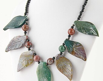 22" inch necklace, carved jasper leaves and round beads