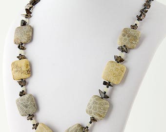 19" inch necklace, fossil coral stones, smoky quartz chips and quartz beads