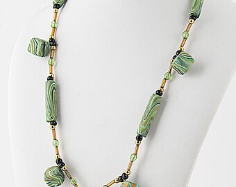 17" inch green necklace, "millerighe" clay beads