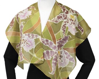 Hand-painted Habotai silk scarf, orchids silk scarf, silk scarf hand-painted in the US, gift for her