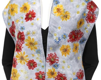Habotai silk scarf, various flowers painted freehand with textile paints and dyes, made in the US