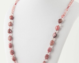 22" inch necklace, rhodonite stones, pink quartz beads and chips