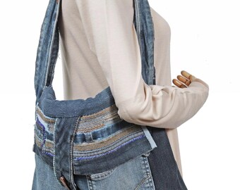 Hand-made up-cycled jeans bag, hand-made denim bag, jeans bag hand-made in the US, gift for her