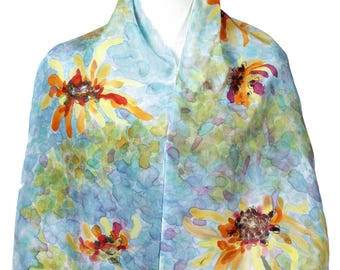 Hand painted silk scarf, BOHO sunflowers silk scarf, silk scarf hand-painted in the US, gift for her