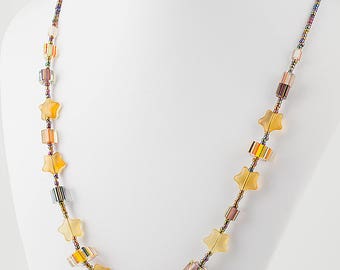 21" inch light brown necklace, pressed and cane glass beads