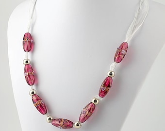 22 inch purple necklace, tulle ribbon, original Murano glass beads