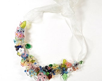 Adjustable length 3D multicolor necklace, artist wire and tulle ribbon, crystals, glass beads, acrylic leaves and flowers