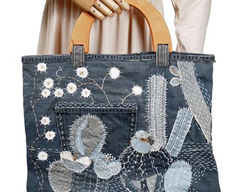 Hand-made up-cycled jeans bag, hand-made denim bag, bag hand-made in the US, gift for her