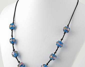 Adjustable length blue/black necklace, silk cord, original Murano glass beads