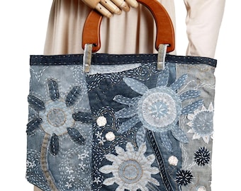 Hand-made up-cycled jeans bag, hand-made denim bag, bag hand-made in the US, gift for her