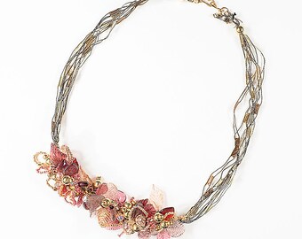 20 inch 3D pink necklace, trellis ribbon, acrylic leaves and hearts, crystal and tila beads