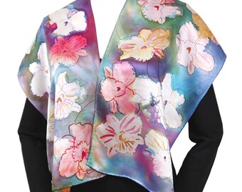 Hand-painted silk satin scarf, cattleya orchids stamps scarf, silk scarf hand-painted in the US, gift for her
