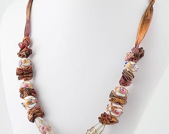 Adjustable length brown necklace, silk ribbon, original Murano glass bead