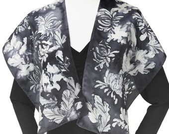 Hand-painted and stamped Habotai silk scarf with hand-made mums and leaves stamps, silk scarf made in the US, gift for her