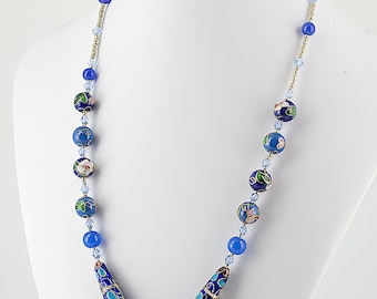 19 inch blue necklace, original Murano cloisonne beads, swarovski crystals
