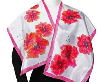 Hand-painted silk scarf, classical red poppies silk scarf, silk scarf hand-painted in the US, gift for her