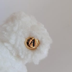 May include: Close-up of a gold-colored button with the letter "A" embossed on it, set against a backdrop of fluffy white material. The button has a shiny, reflective surface. The white material has a soft, cloud-like texture.