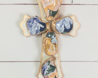 Oyster Shell Cross Made of Decoupaged Real Oyster Shells