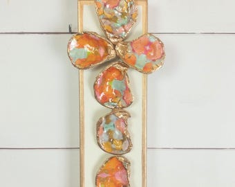 Pretty Decoupaged Oyster Shell Cross, Gold Rim Canvas Wall Art