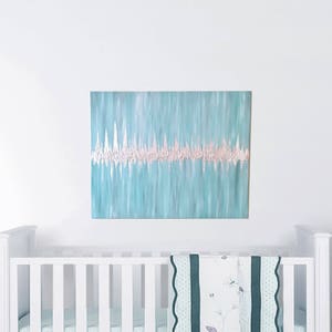 24x30 24x36 Nursery Painting, Push Present, Soundwave Art, Pregnancy Reveal, Baby Wall Art, Sound Wave Painting, Baby's Heartbeat Canvas Teal/Silver