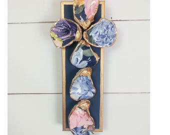 Decoupaged Oyster Shell Cross, Gold Rim Canvas Wall Art, Rich Dark Floral Unique Artwork