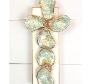 Decoupage Oyster Shell Cross Canvas: Gold Rimmed NOLA Decor