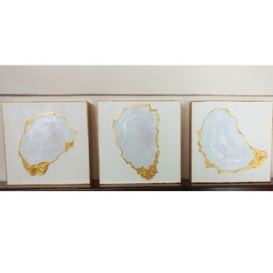 Gold Oyster Painting: Small Coastal Wood Art, Seafood Decor