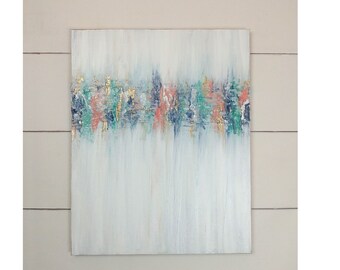 Ready to Ship Colorful Textured Abstract Original Painting, Canvas Art for Housewarming or Dorm, Coral Aqua Navy Grey Gold Artwork