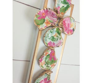Floral Decoupage Oyster Shell Cross, Gold Rim Canvas Wall Art