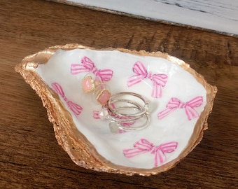 Coquette Oyster Shell with Pink Bows Teen Tween Jewelry Holder Bridal Shower Pretty Trinket Coin Dish Decoupaged Shell Art Bridesmaid Gift