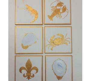 Gold Coastal Seafood Painting: Oyster, Lobster, Crab, Shrimp Art
