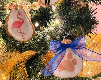 Oyster Shell Christmas Ornament, Flamingo Christmas Decor, Paw Print Ornament, Cat, Dog, Jag Ornament, Gift for Flamingo Lovers Pinkmas Tree