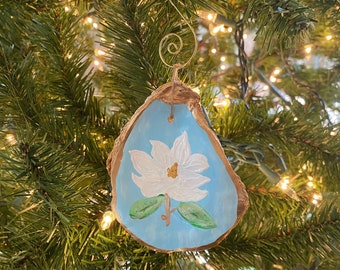 Ready to Ship Hand-painted Oyster Shell Magnolia Ornament, Handpainted Oyster Shell Christmas Decorations Southern Decor, MS LA State Flower