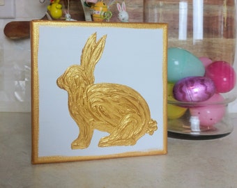 Handpainted Easter Bunny and Easter Egg Canvas Art, Textured Gold Bunnies and Eggs Canvas, Easter Home Decor, Small Easter Painting Art