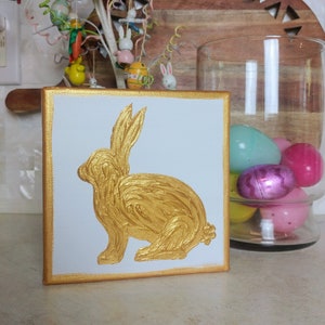 Handpainted Easter Bunny and Easter Egg Canvas Art, Textured Gold Bunnies and Eggs Canvas, Easter Home Decor, Small Easter Painting Art Bunny A