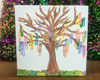 Ready to Ship Mardi Gras Canvas Art, New Orleans Mardi Gras Bead Tree, Nola Carnival Season Decor, Gift for Mardi Gras Parade Lover