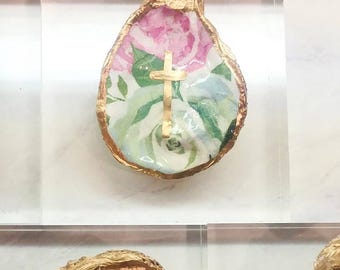 Decoupaged Oyster Shell with Cross on Acrylic Block, Small Dorm Gift