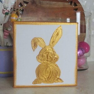 Handpainted Easter Bunny and Easter Egg Canvas Art, Textured Gold Bunnies and Eggs Canvas, Easter Home Decor, Small Easter Painting Art Bunny B