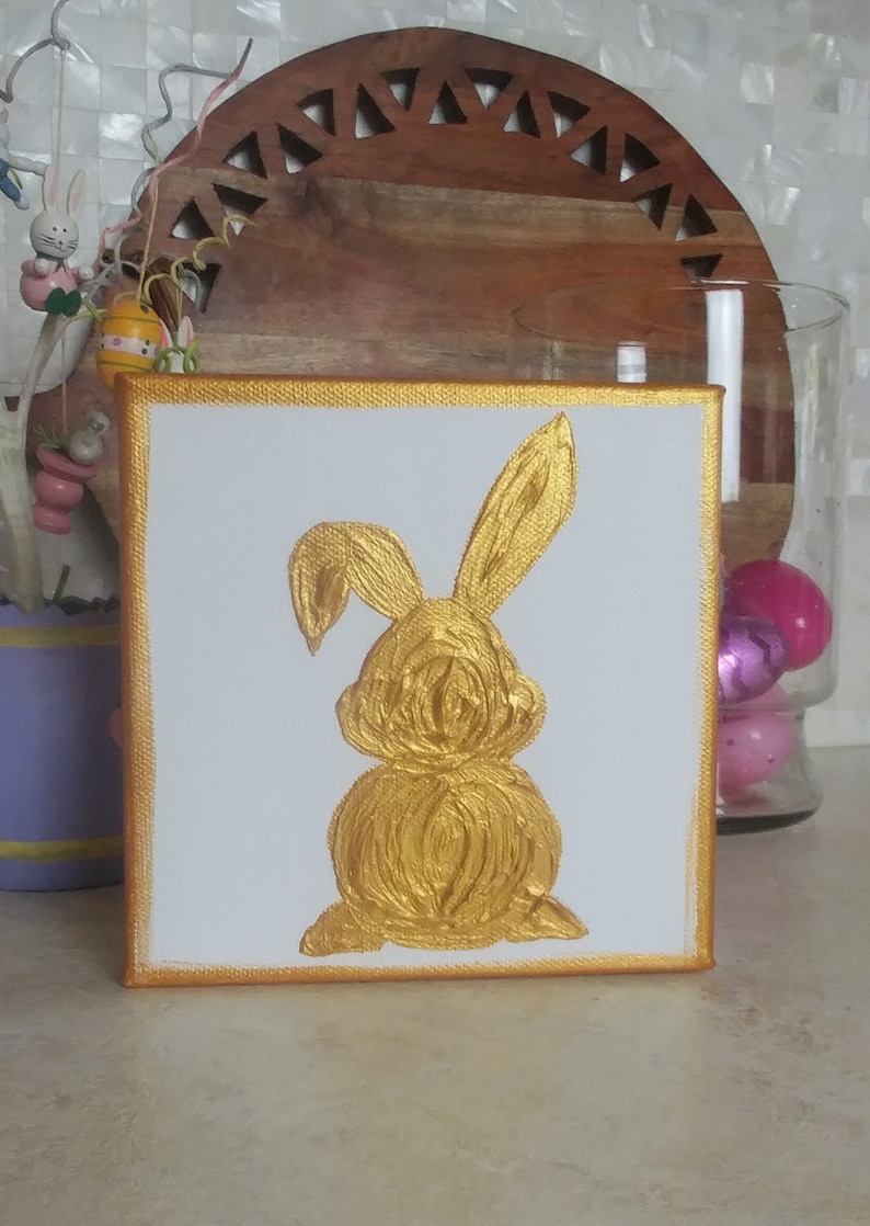 Handpainted Easter Bunny and Easter Egg Canvas Art, Textured Gold Bunnies and Eggs Canvas, Easter Home Decor, Small Easter Painting Art Bunny B