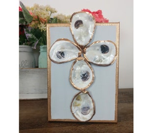 Ready to Ship Small Oyster Shell Cross, Beach House Decor, Oyster Shell Canvas Art, Hostess Gift, Cross Art for Shelf